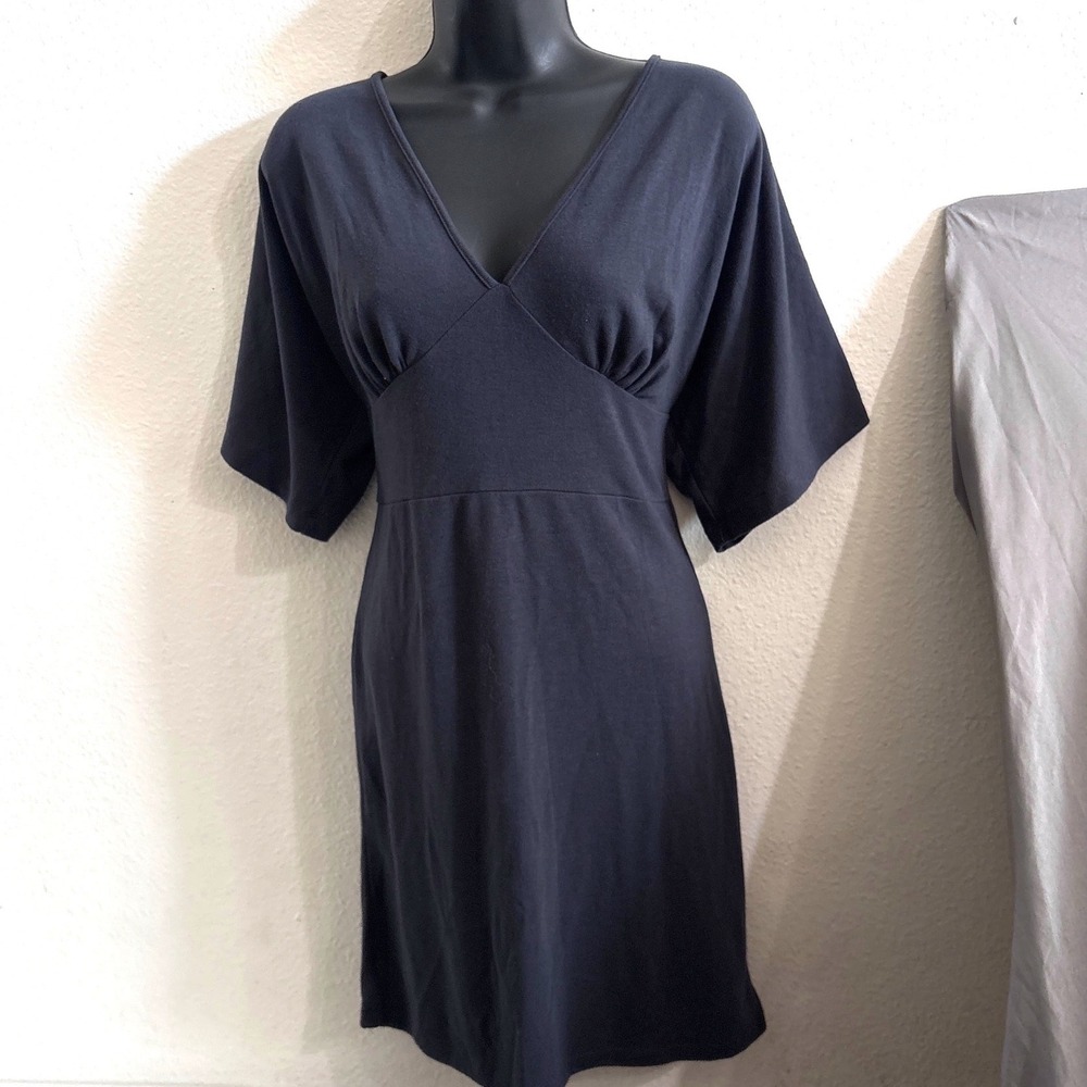 Y2K Empire Waist Dress M Grey Blue Dark Academia Kimono Sleeve V-Neck Babydoll